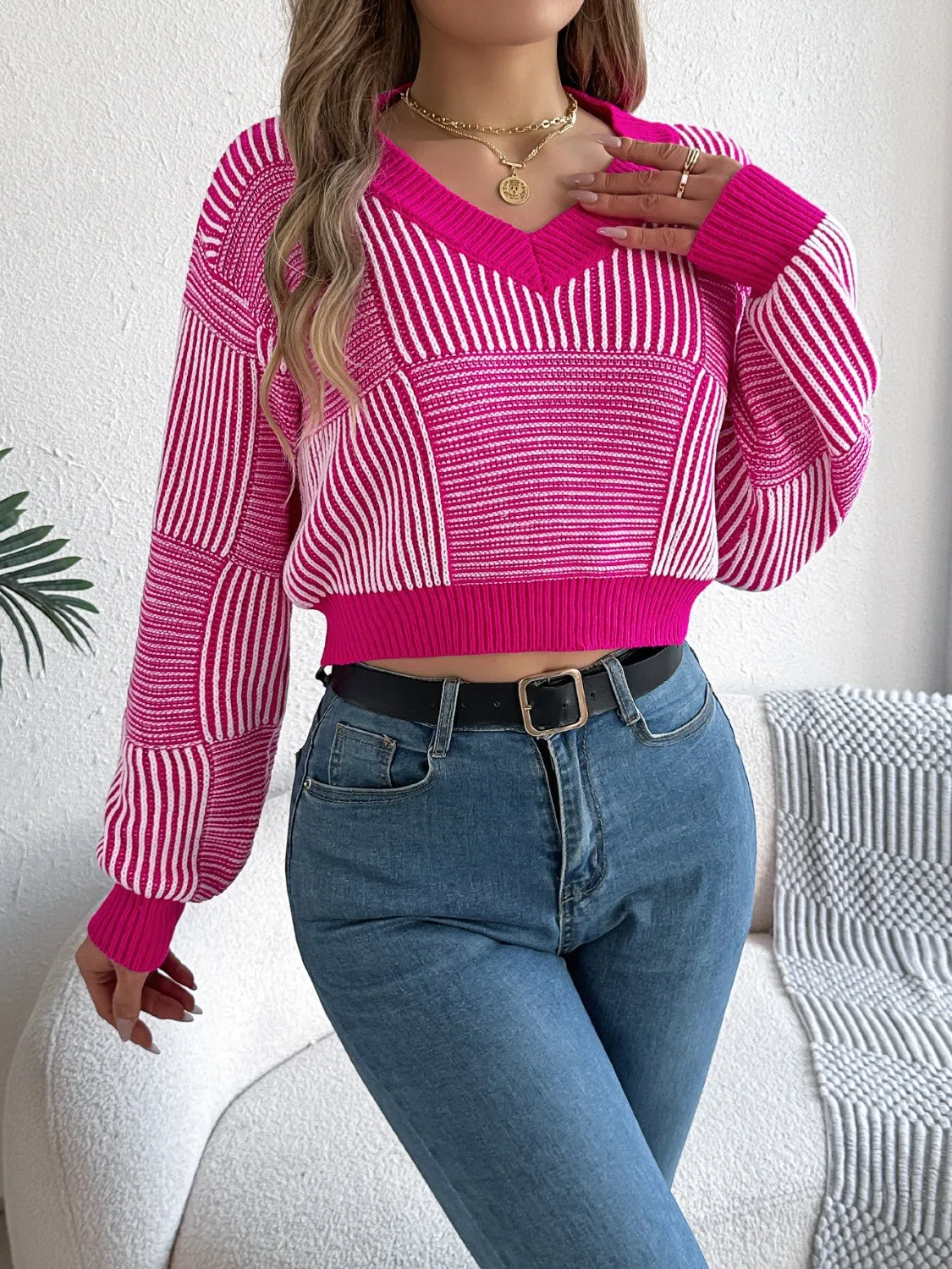 kesley Striped V-Neck Long Sleeve Sweater