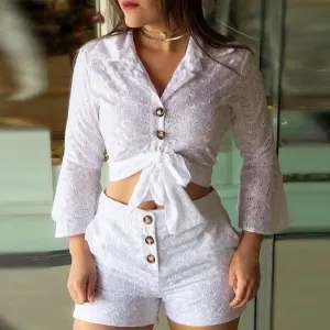 Lace Button-down Blouse & Shorts Sets