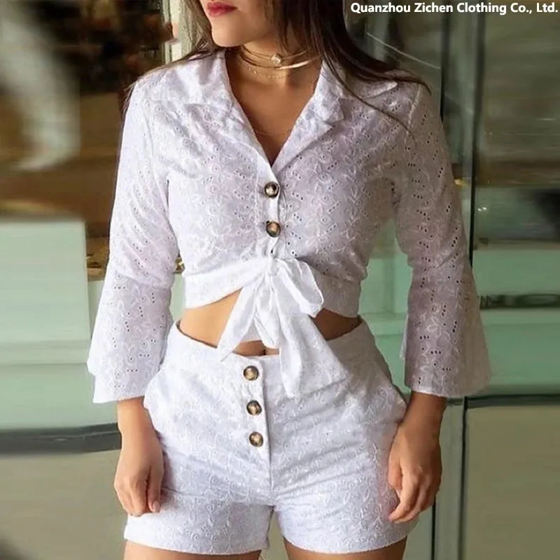 Lace Button-down Blouse & Shorts Sets