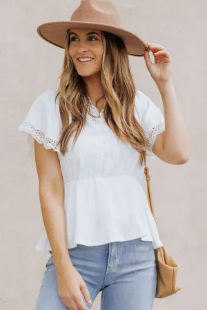 Lace Trim V-Neck Tied Peplum Blouse