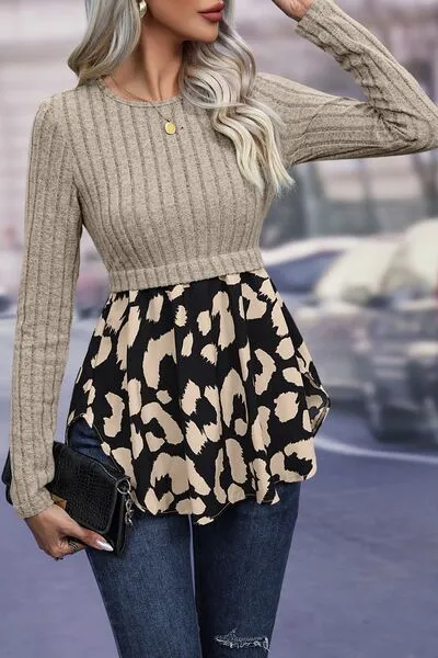 Leopard Peplum Round Neck Blouse