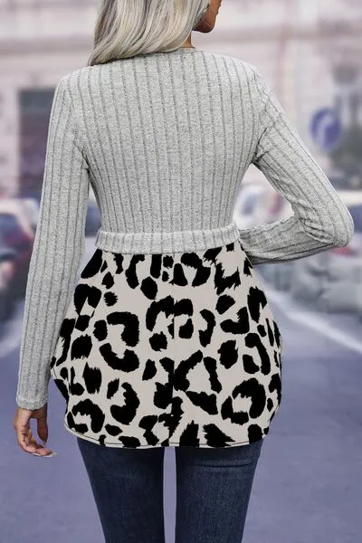 Leopard Peplum Round Neck Blouse