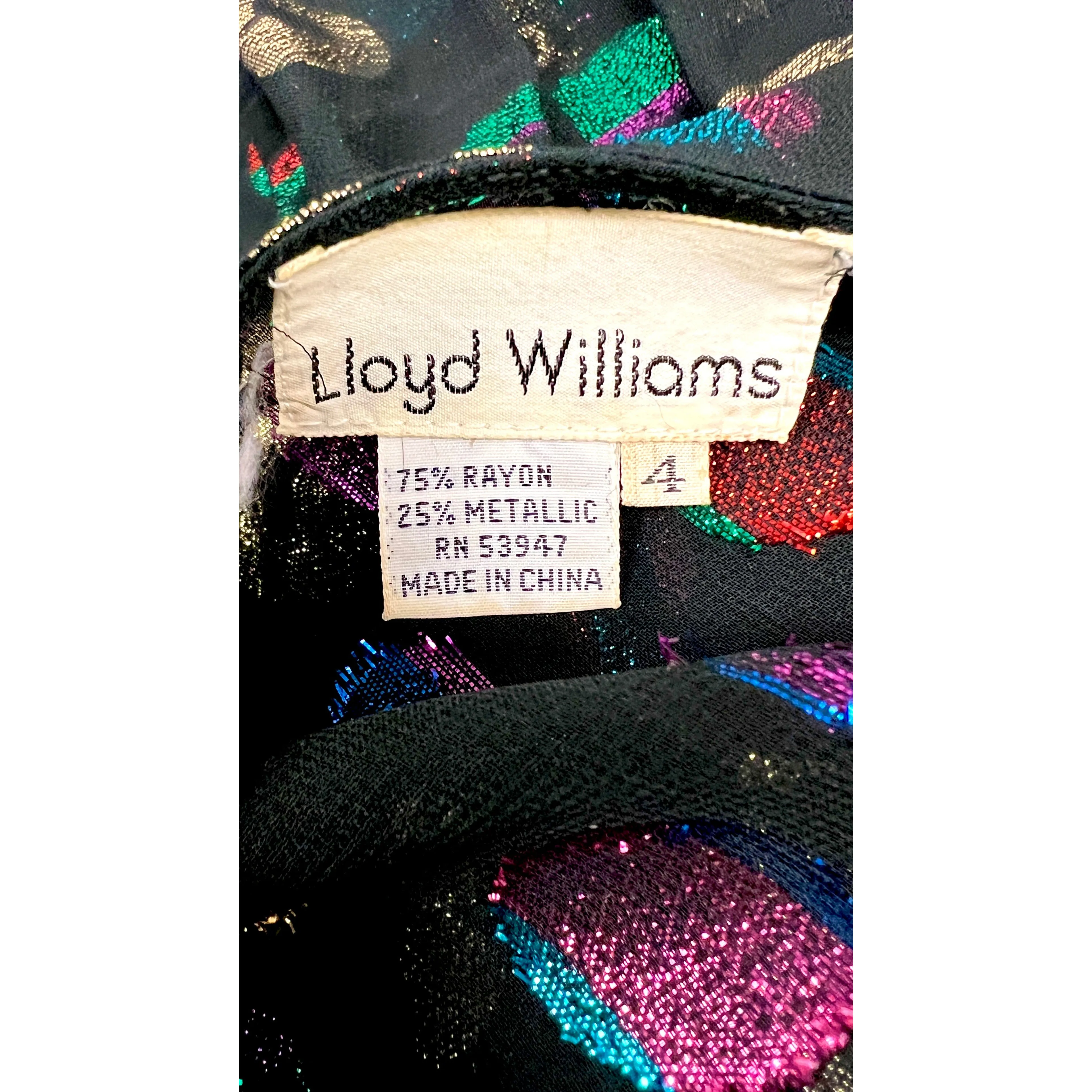 Lloyd Williams Blouse 80s Black  /Metallic colorful Rayon Polka Dots Sz M/L