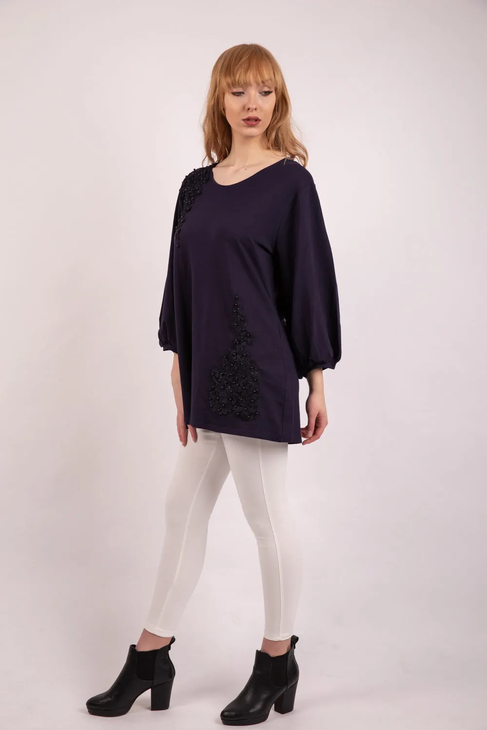 Long Sleeve Tunic Top with Floral Embroidery