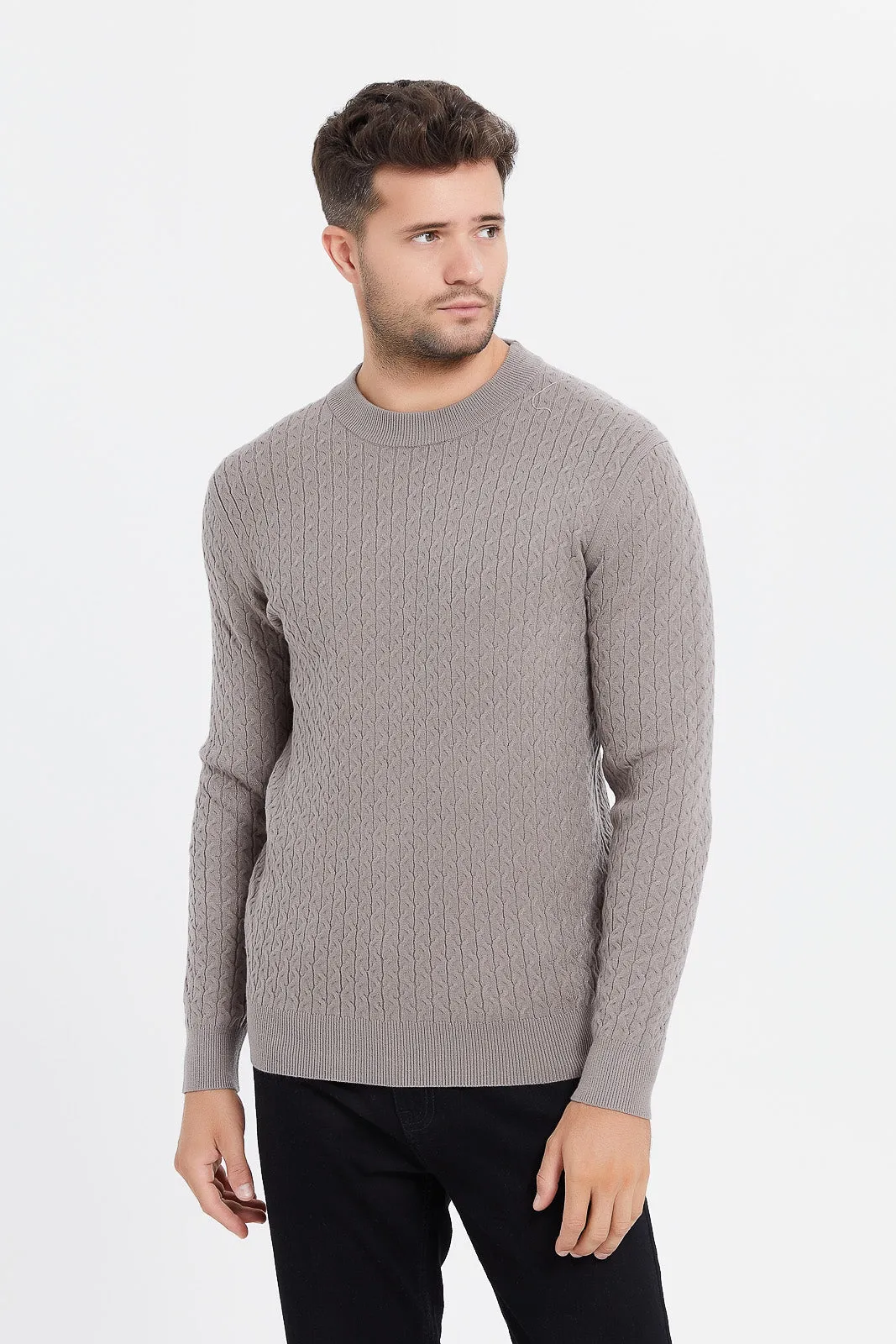 Men Taupe Cable Knit Sweater