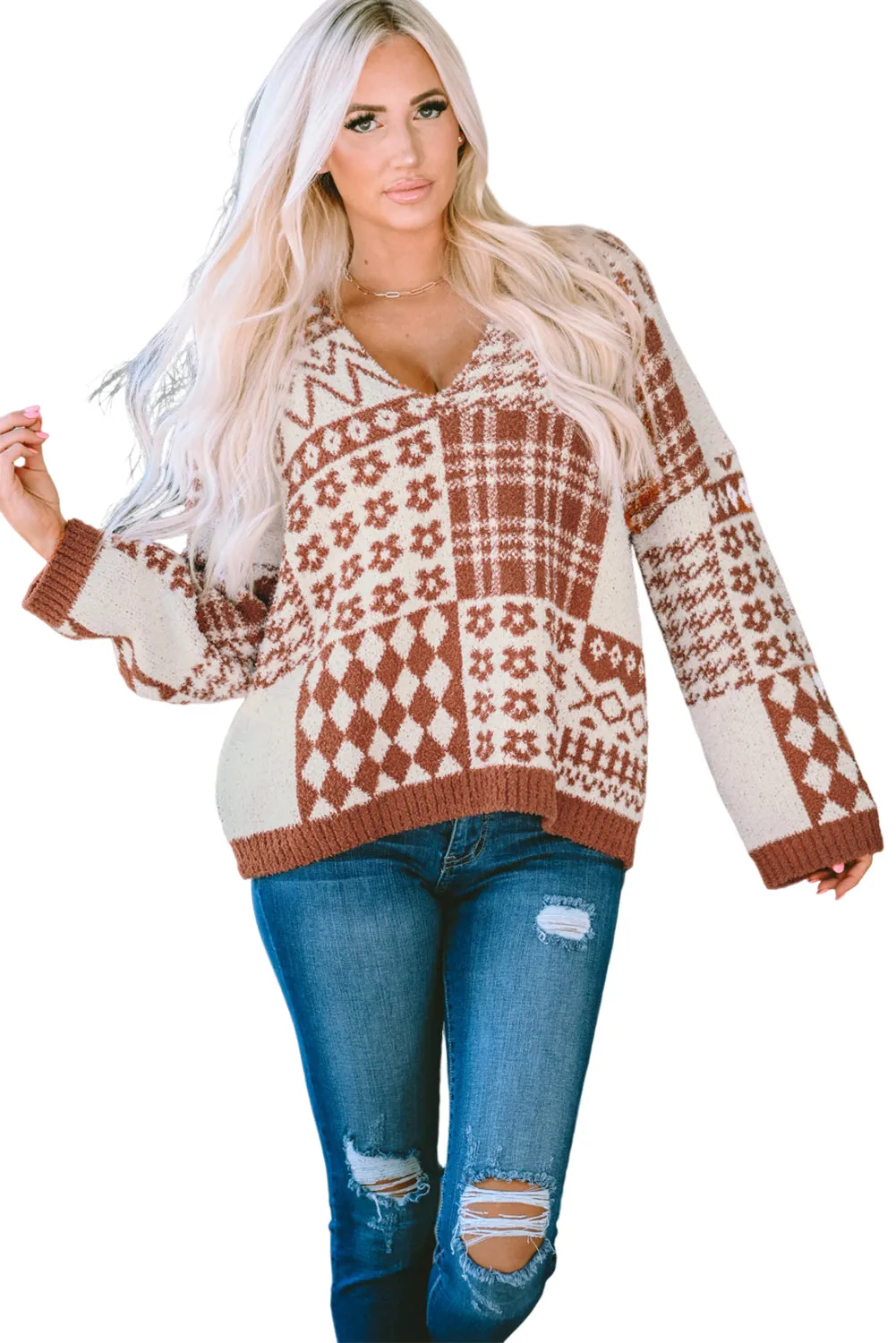 Mixed Pattern V-Neck Oversized Sweater