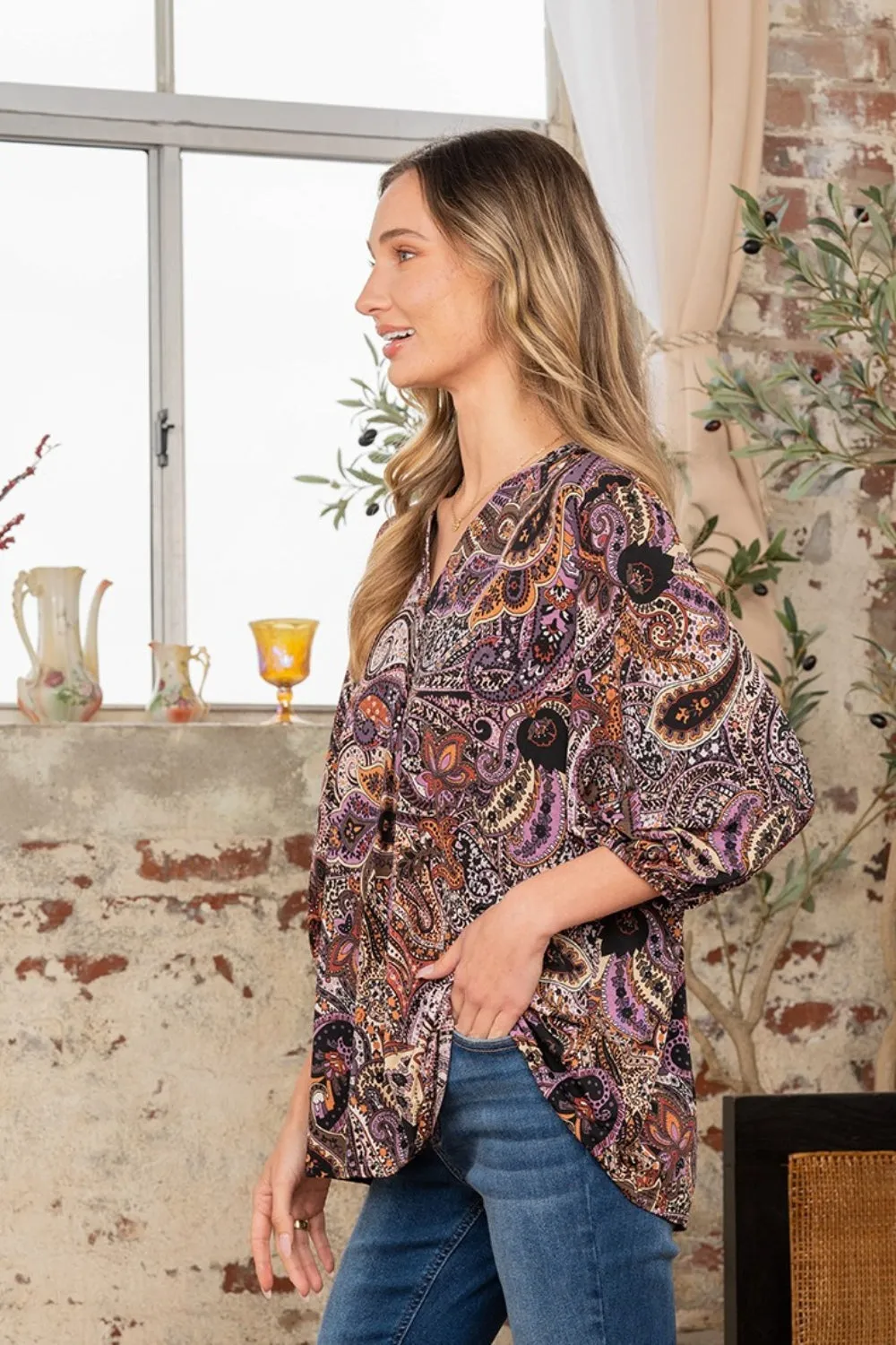 Paisley Print V-Neck Top