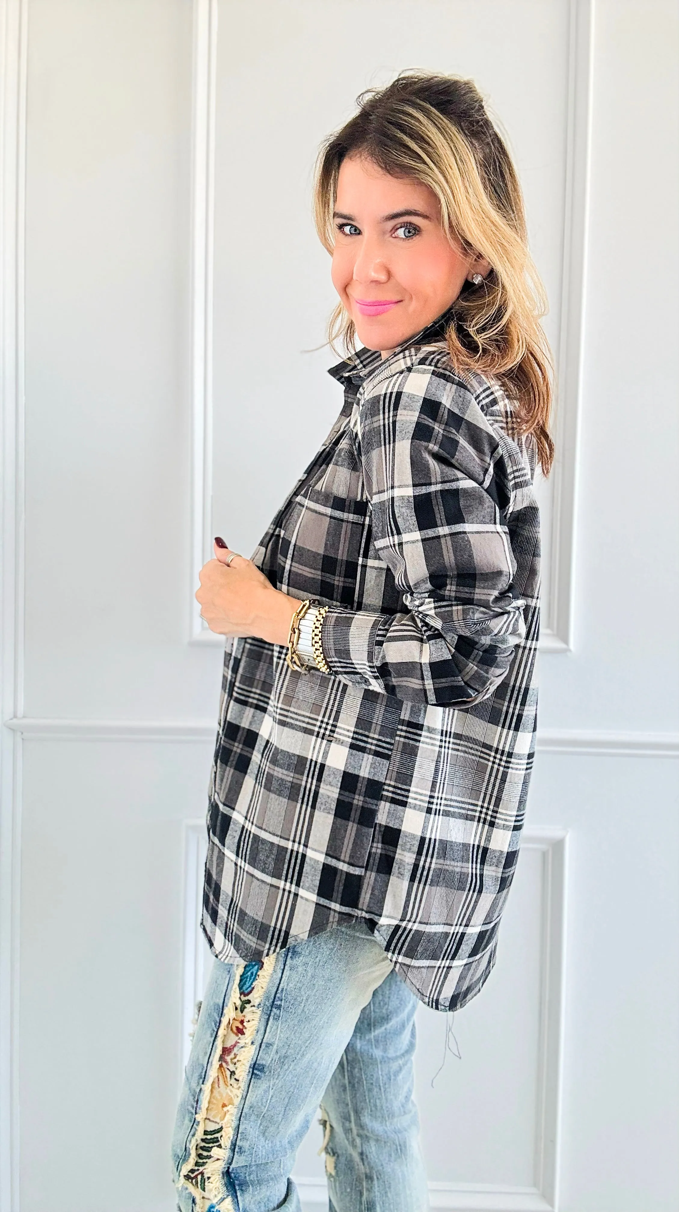 Plaid Button-Down Blouse