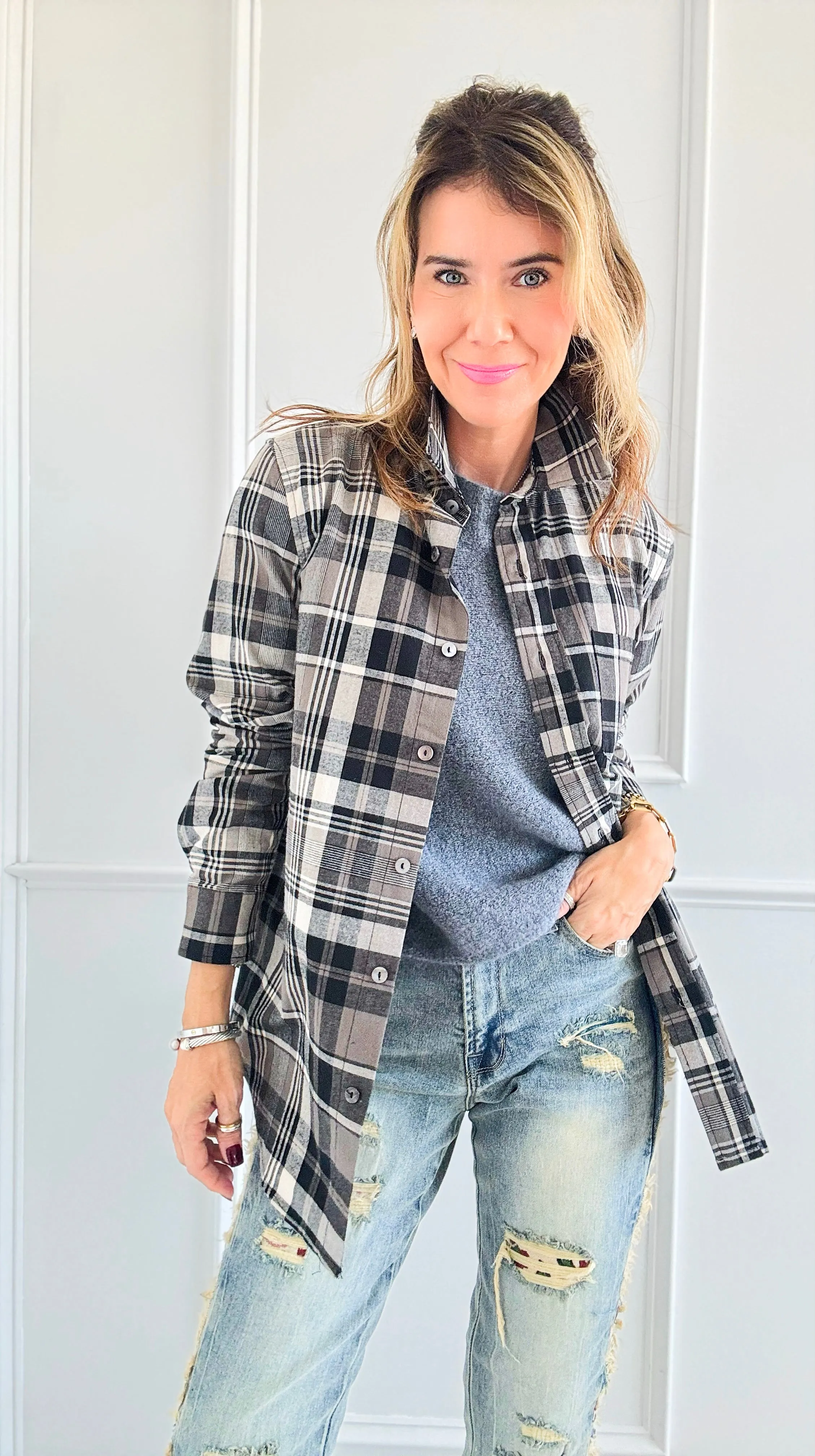 Plaid Button-Down Blouse