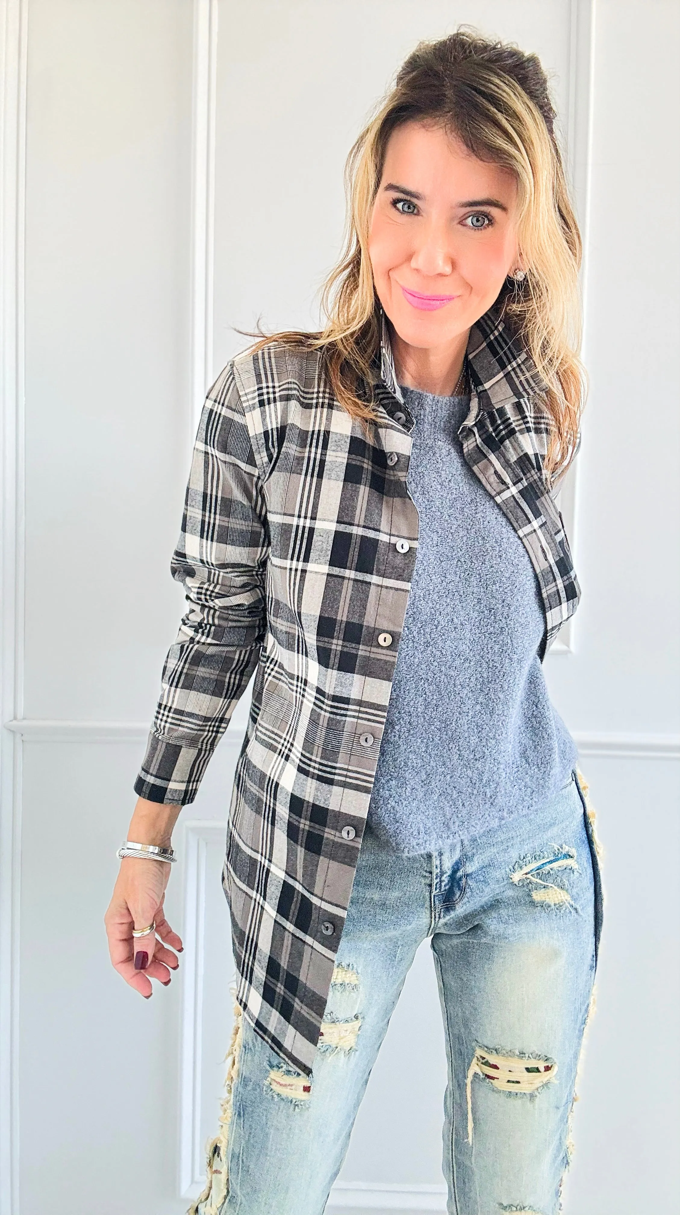 Plaid Button-Down Blouse