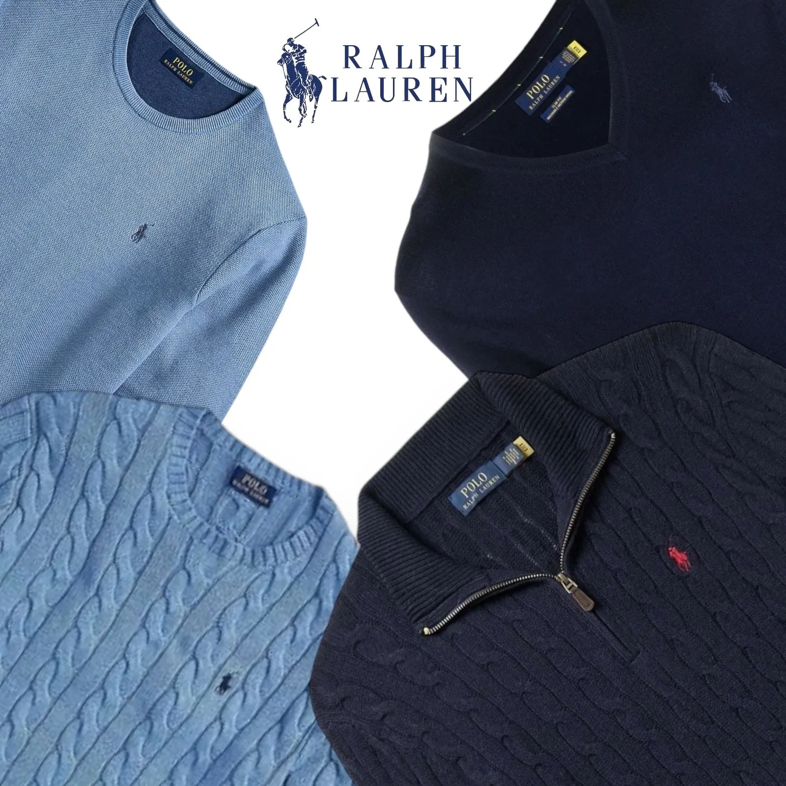 RALPH LAUREN SWEATERS | (22 Quarter zips) (54 cable knit) (25 Round neck)  (26 v-neck) TOTAL 120 PIECES