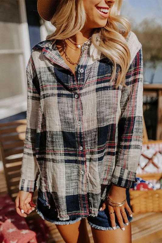 *Raw Edge Plaid Print Shirt