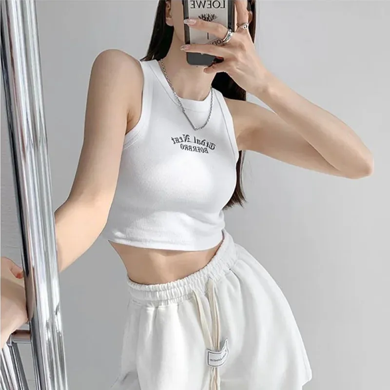 Ribbed Knitted Embroidered Letter Crop Top