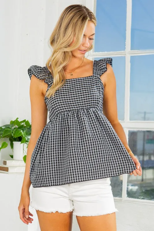 Ruffle Sleeve Tie Back Gingham Top