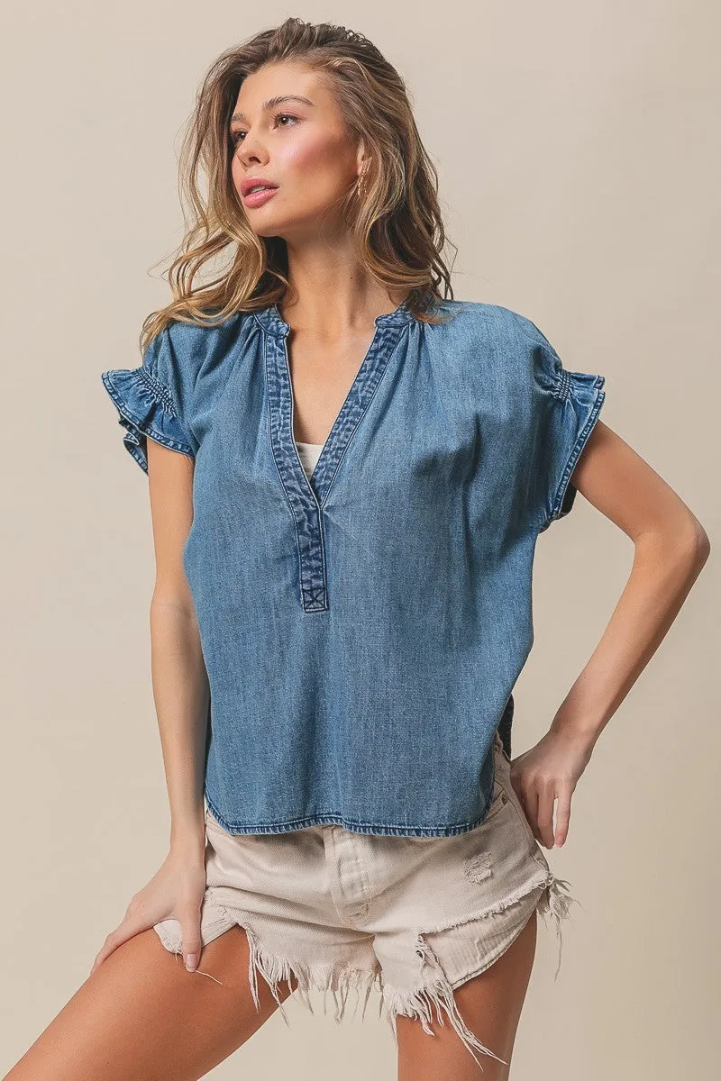 Ruffled Washed Denim Top