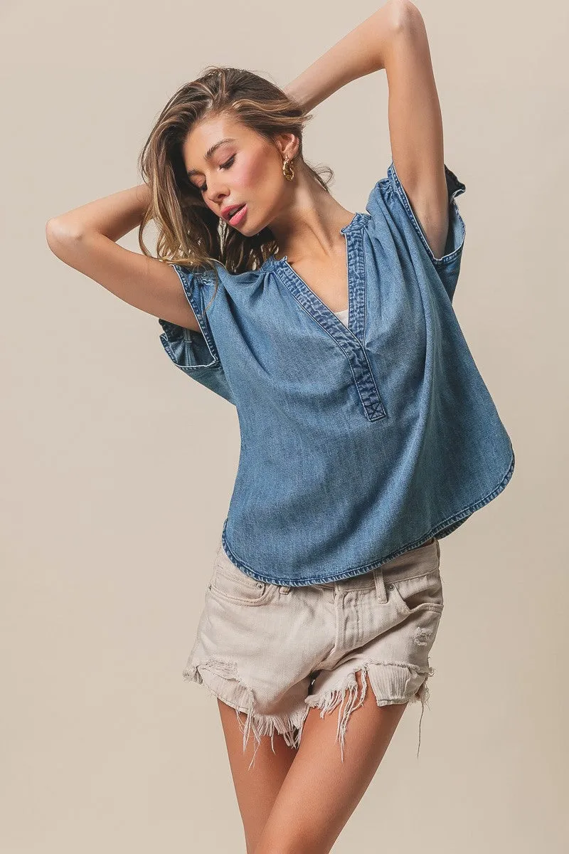 Ruffled Washed Denim Top