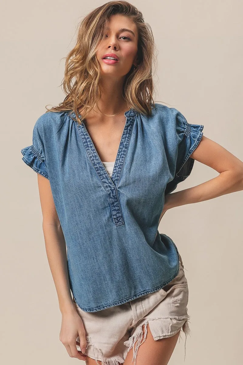 Ruffled Washed Denim Top