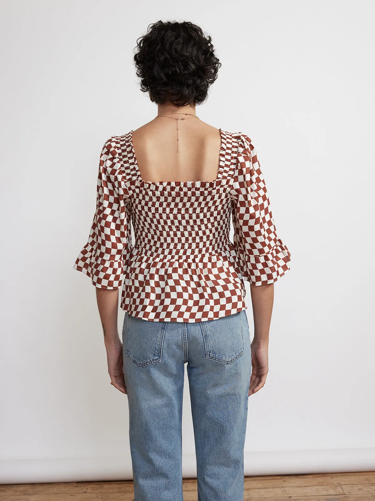 Sasha Brown Wavy Checker Shirred Top