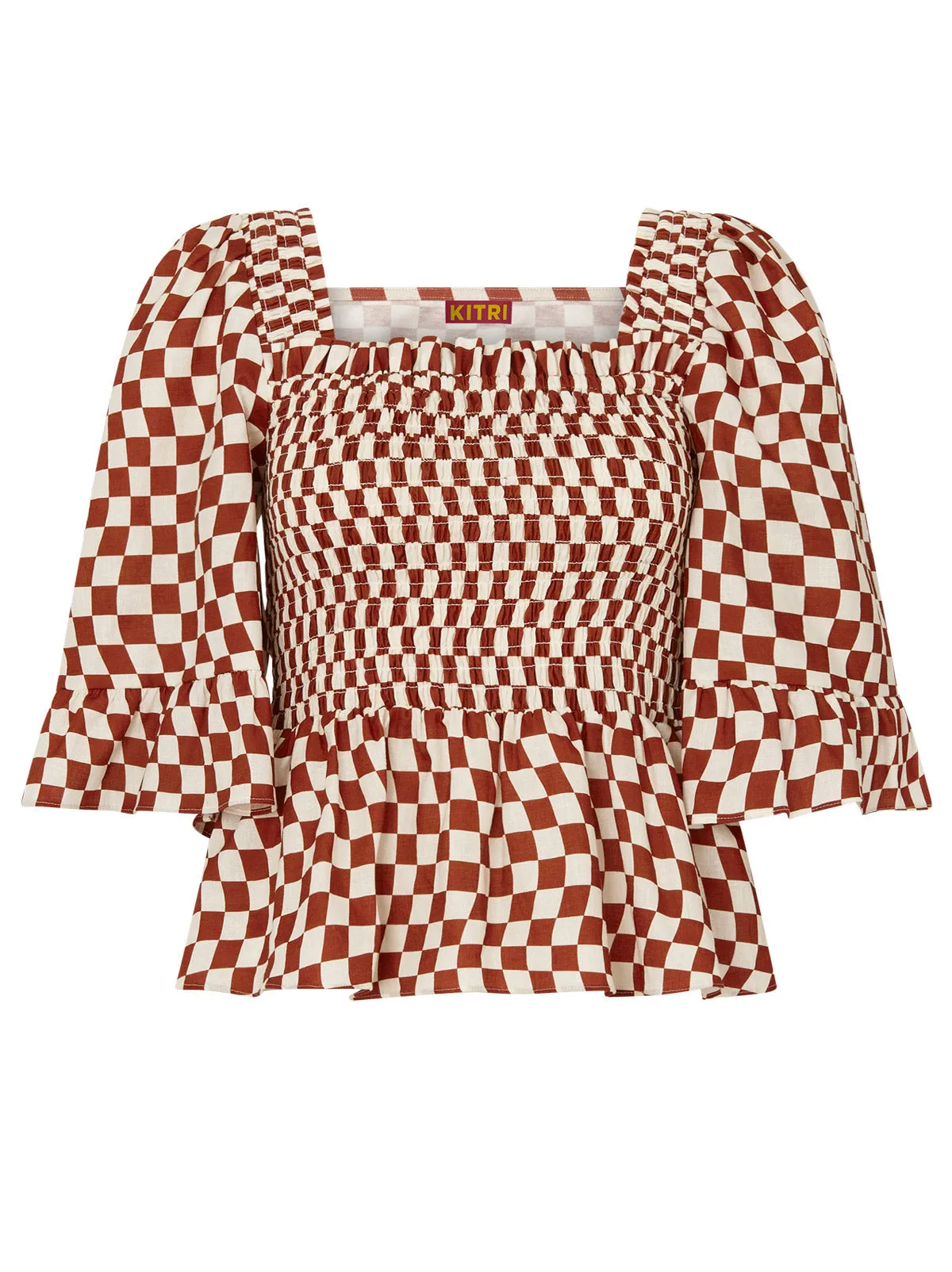 Sasha Brown Wavy Checker Shirred Top