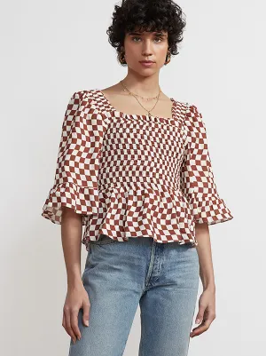 Sasha Brown Wavy Checker Shirred Top