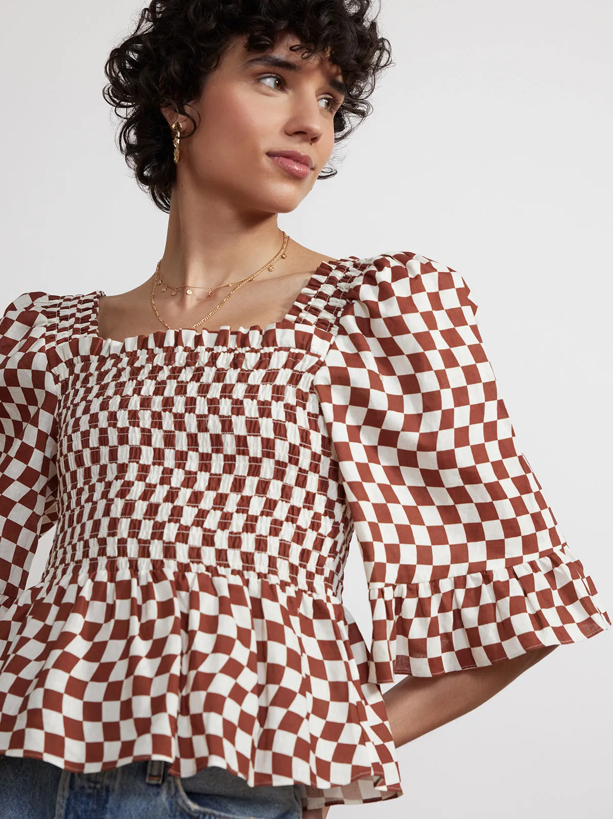 Sasha Brown Wavy Checker Shirred Top