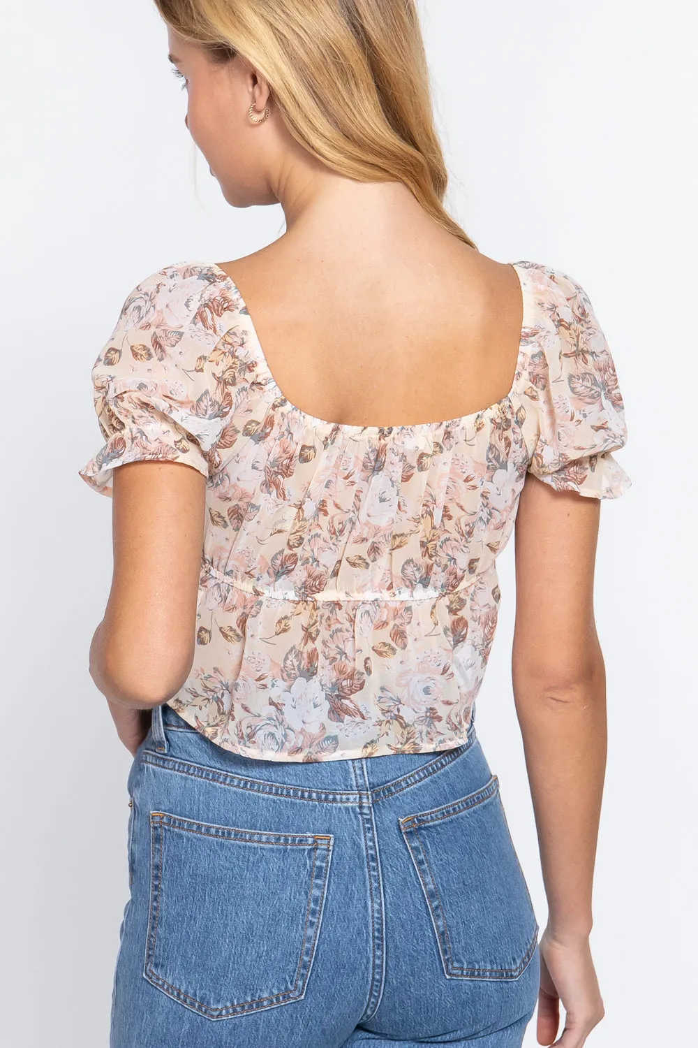 Short Slv Front Tie Print Woven Top - Ships from The US