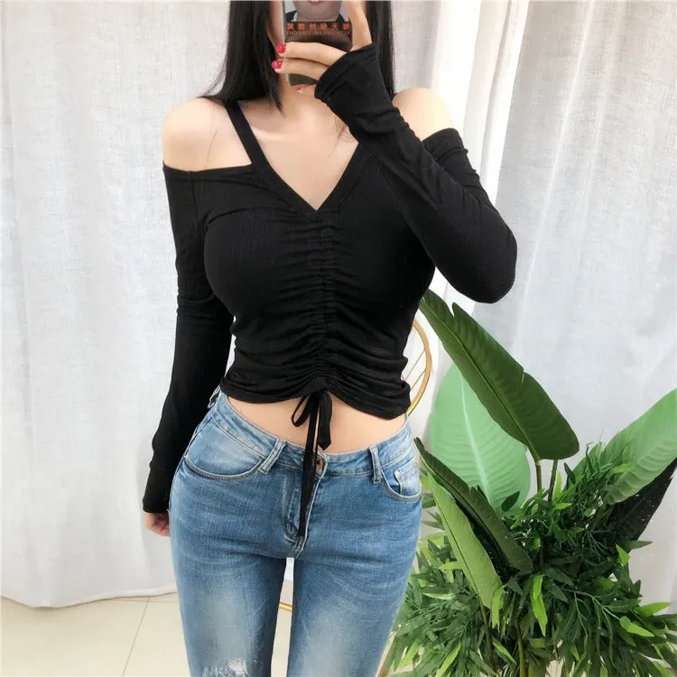 Spring Sexy Lace Up Off Shoulder Slim Fit Long Sleeve