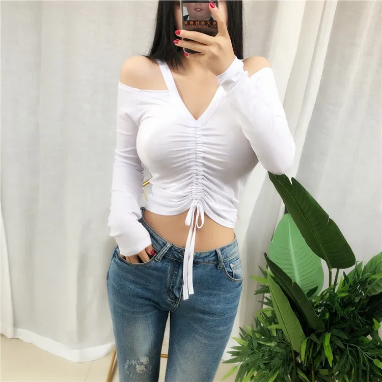 Spring Sexy Lace Up Off Shoulder Slim Fit Long Sleeve