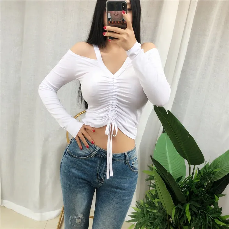 Spring Sexy Lace Up Off Shoulder Slim Fit Long Sleeve