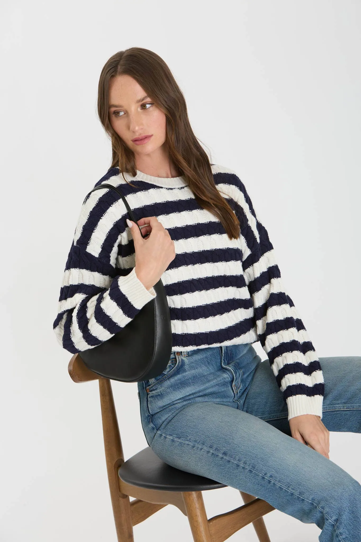 STRIPE CREWNECK CABLE KNIT KNIT SWEATER