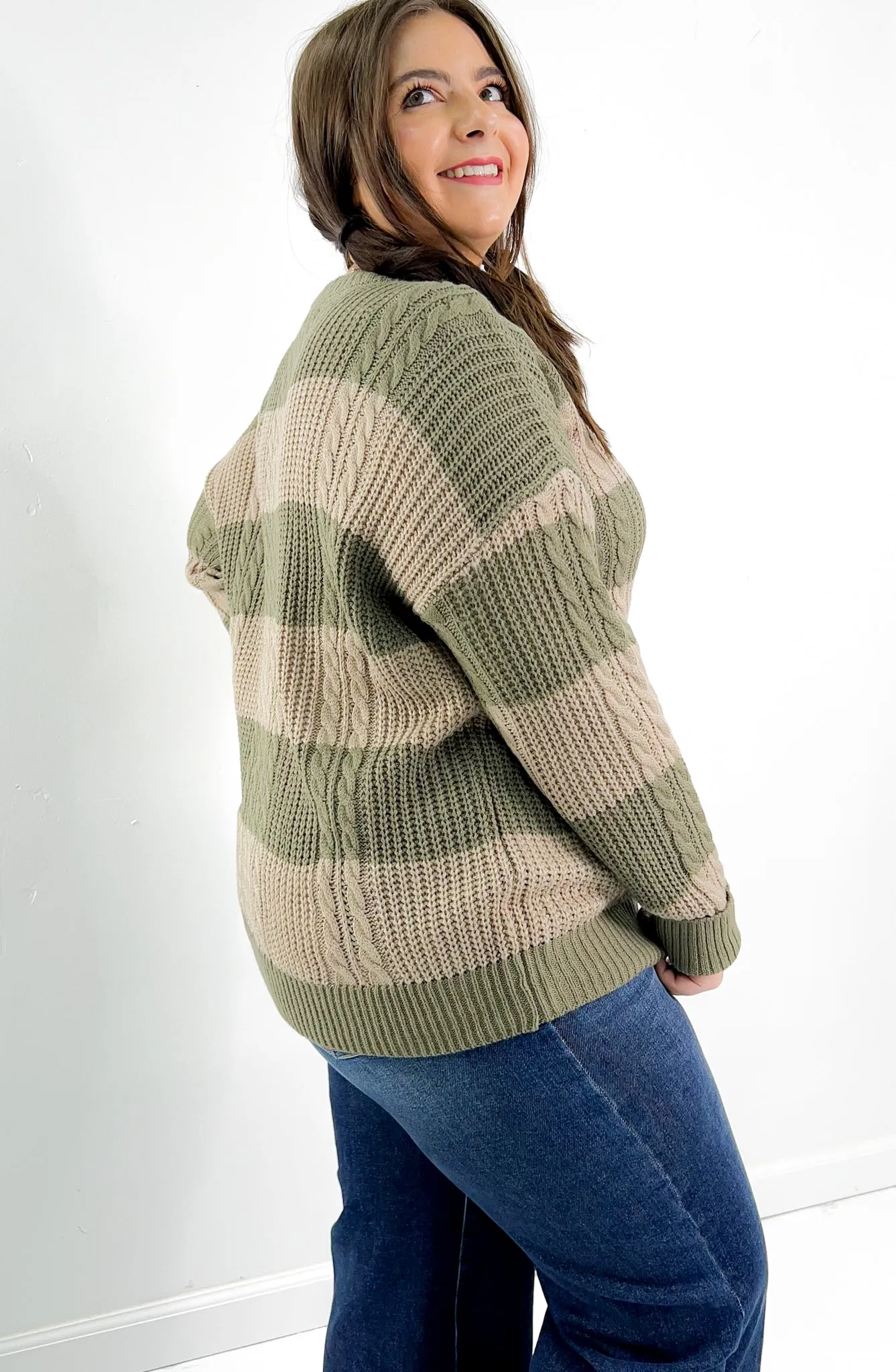 Striped Cable Knit Crew Neck Sweater