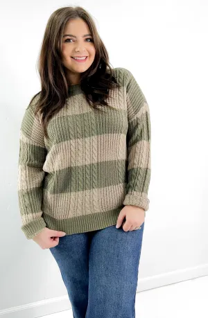 Striped Cable Knit Crew Neck Sweater