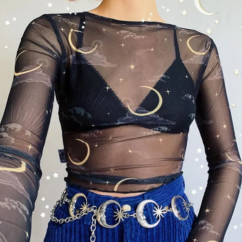 Sun And Galaxy Print Mesh Crop Top Transparent Sexy Rave Clubwear Harajuku Long Sleeve Tee Shirt