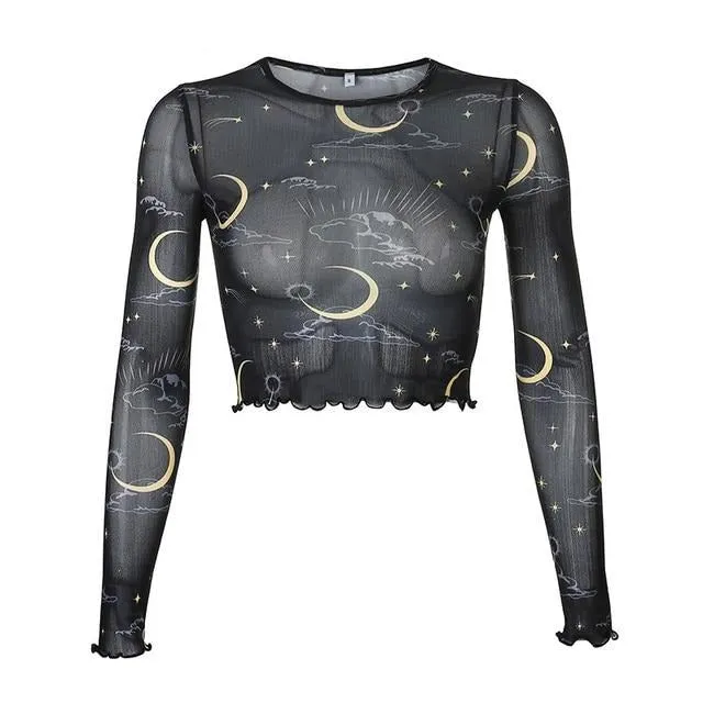 Sun And Galaxy Print Mesh Crop Top Transparent Sexy Rave Clubwear Harajuku Long Sleeve Tee Shirt