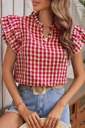 Sweet Elegant Plaid Flounce Contrast V Neck Tops