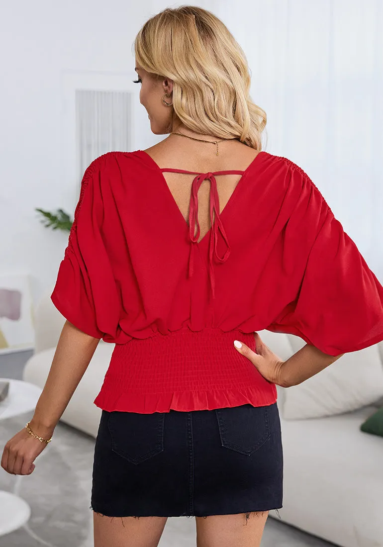 True Red Women's Ruffle Sleeve V Neck Button Down Blouse Shirt Casual Work