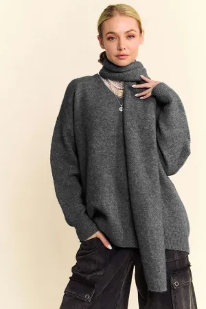 V-Neck Dropped Shoulder Sweater with Scarf Set