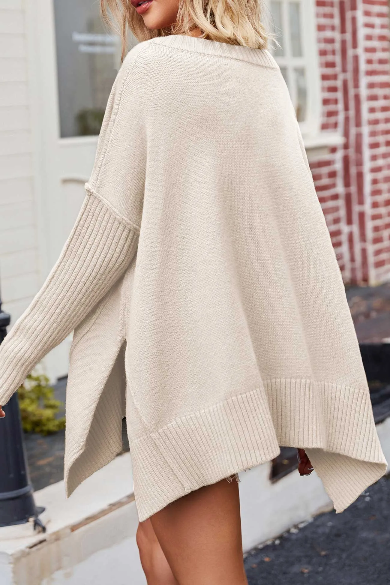 V Neck Side Slit Loose Pullover Sweater