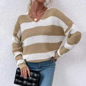 V-neck striped stitching waffle sweater women