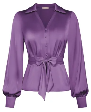 Vintage Elastic Waist Blouse Long Sleeve Lapel V-Neck Pullover Tops