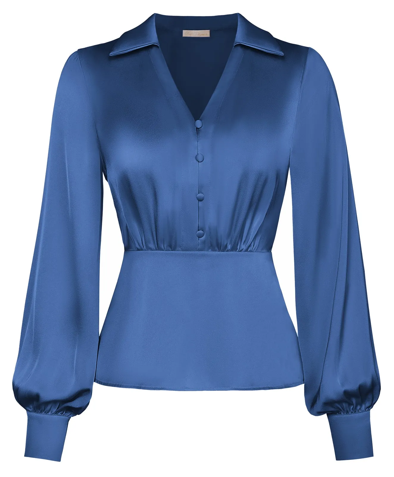 Vintage Elastic Waist Blouse Long Sleeve Lapel V-Neck Pullover Tops