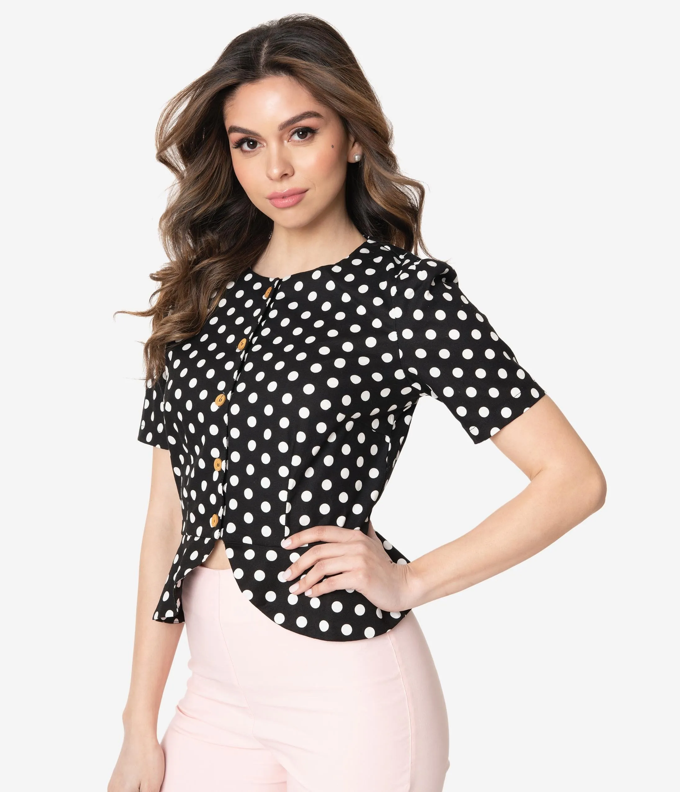 Vintage Style Black & White Polka Dot Peplum Blouse