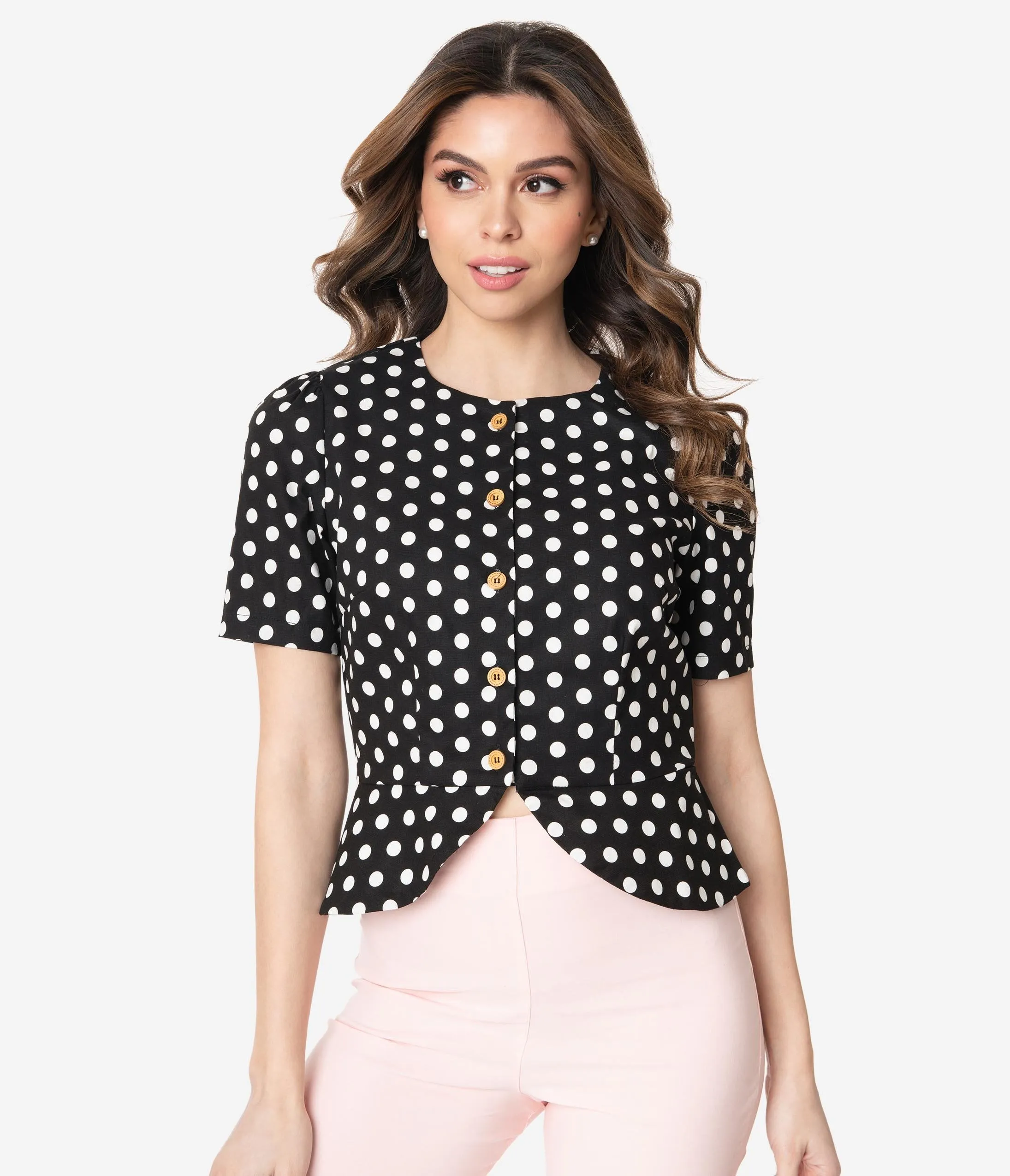 Vintage Style Black & White Polka Dot Peplum Blouse