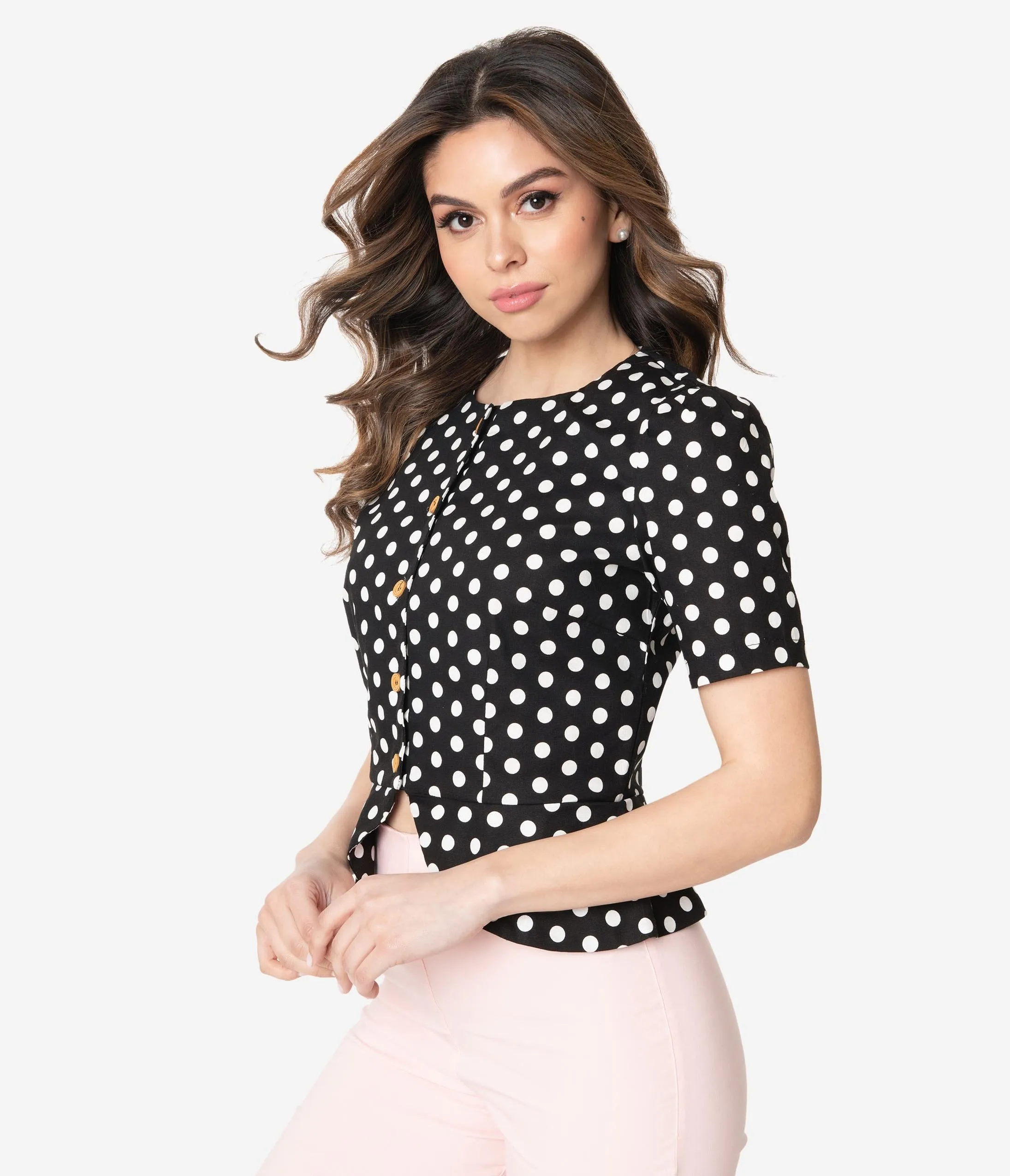 Vintage Style Black & White Polka Dot Peplum Blouse