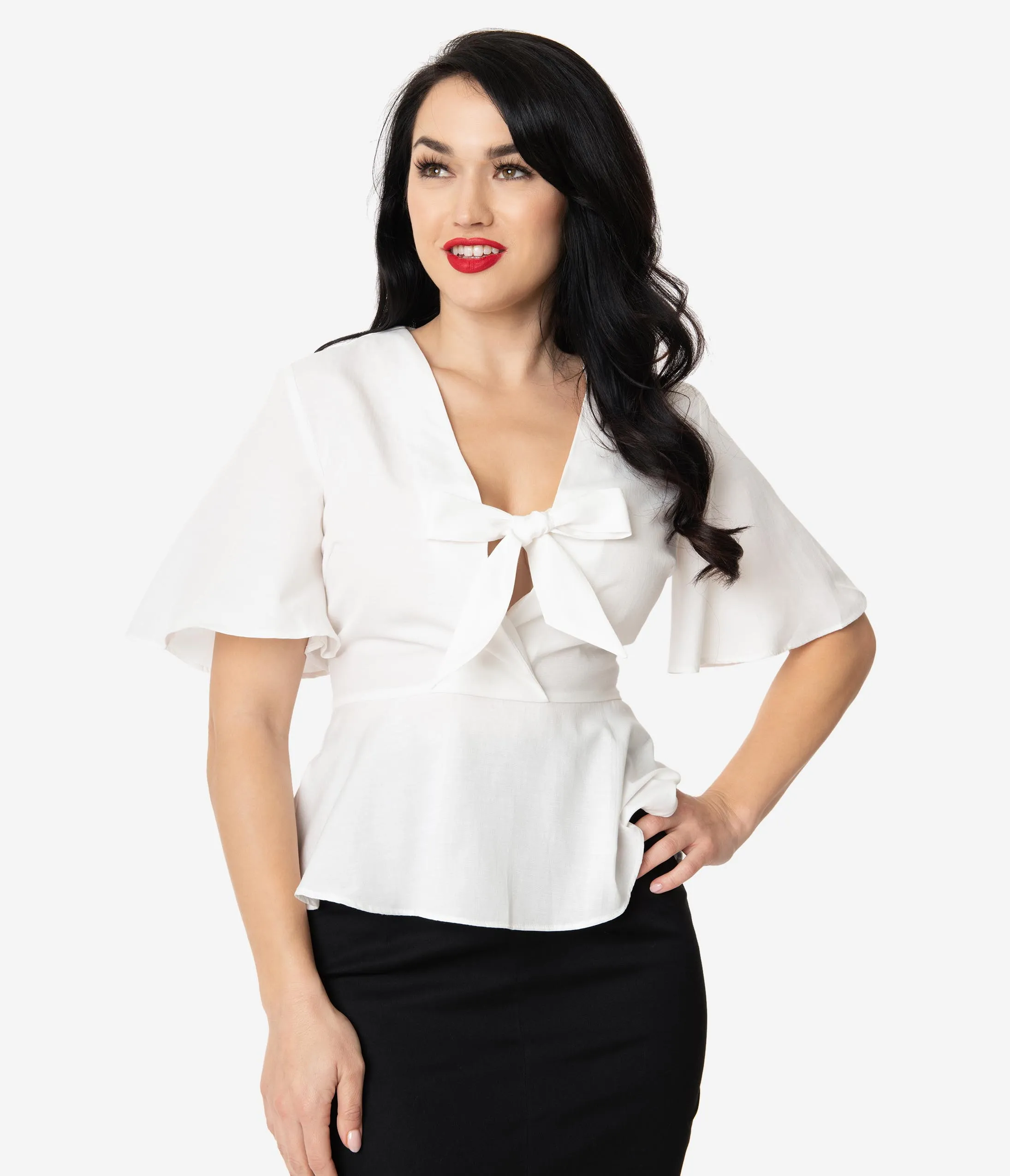 White Short Sleeve Peplum Blouse