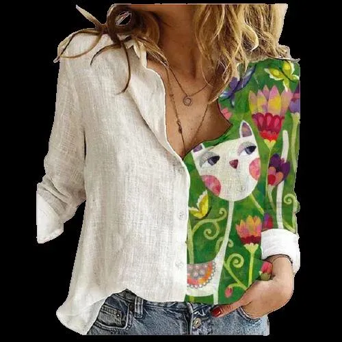 Women Button Turn-Down Collar Vintage Casual Printed Blouses