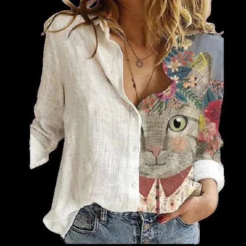 Women Button Turn-Down Collar Vintage Casual Printed Blouses