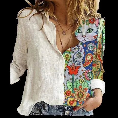 Women Button Turn-Down Collar Vintage Casual Printed Blouses