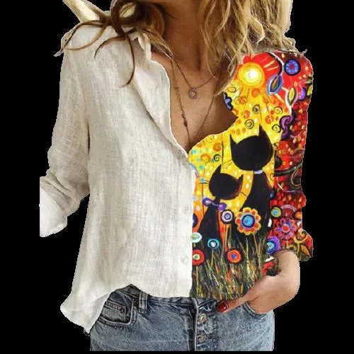 Women Button Turn-Down Collar Vintage Casual Printed Blouses