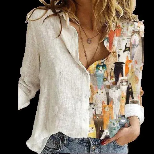 Women Button Turn-Down Collar Vintage Casual Printed Blouses